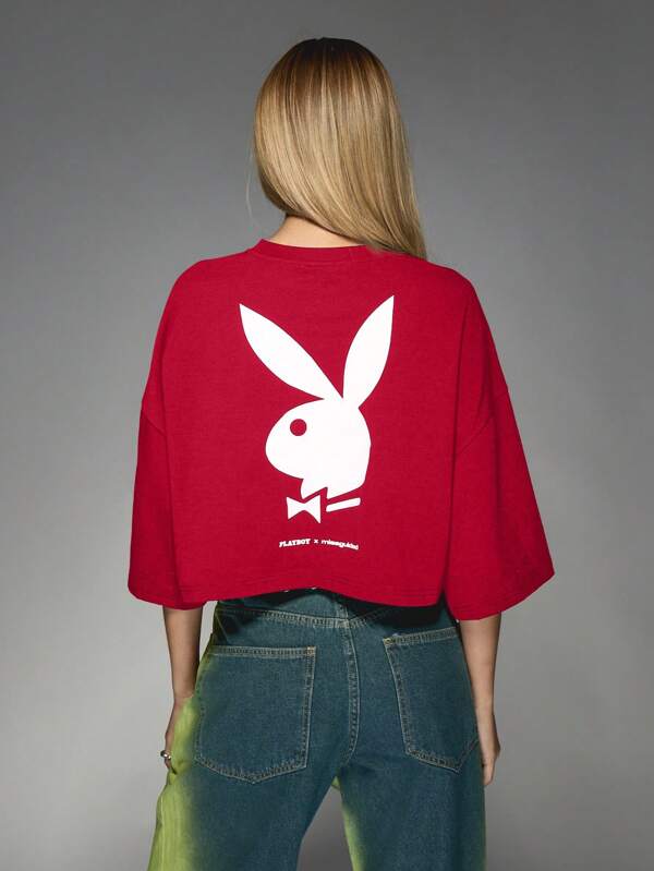 Missguided Missguided X Playboy MISSGUIDED Logo Graphic Oversized Cropped Wide Sleeve Women T-Shirt