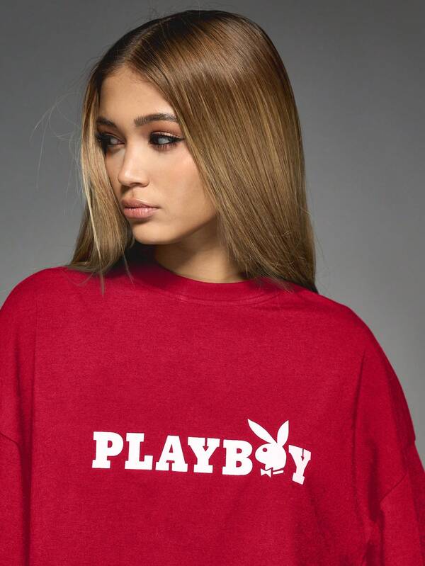 Missguided Missguided X Playboy MISSGUIDED Logo Graphic Oversized Cropped Wide Sleeve Women T-Shirt