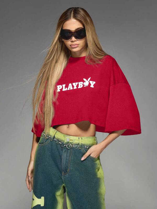 missguided Missguided x Playboy MISSGUIDED Logo Graphic Oversized Cropped Wide Sleeve Women T-Shirt