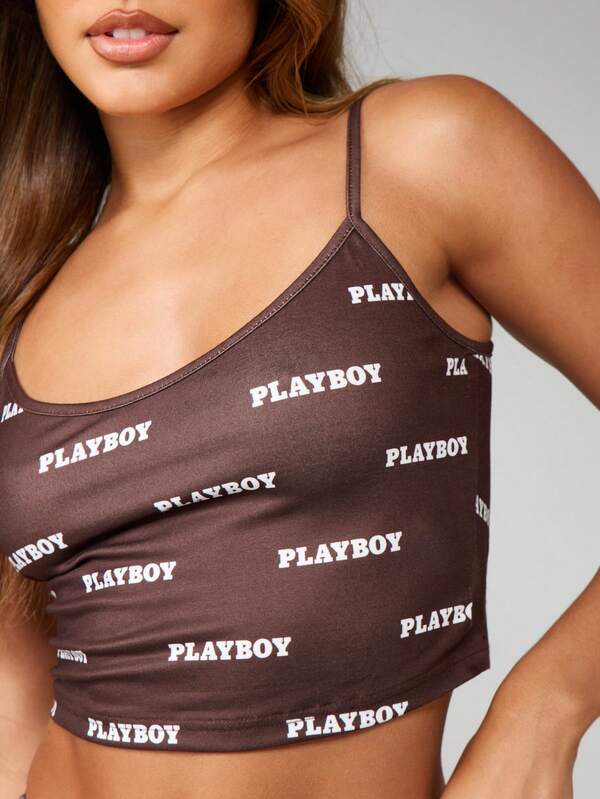 Missguided Missguided X Playboy MISSGUIDED Logo Print Cami Top And Booty Shorts Set