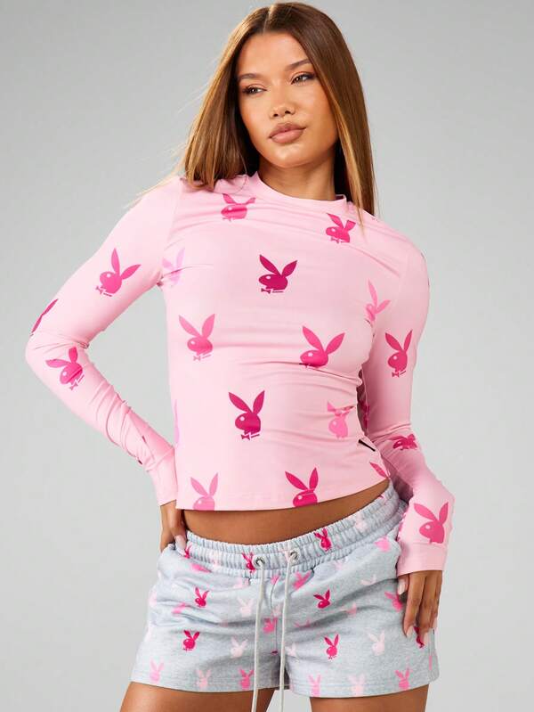 Missguided Missguided X Playboy MISSGUIDED Long Sleeve Crop Top With Bunny Print