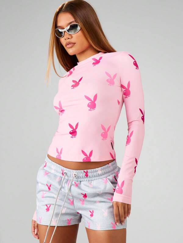 missguided Missguided x Playboy MISSGUIDED Long Sleeve Crop Top With Bunny Print