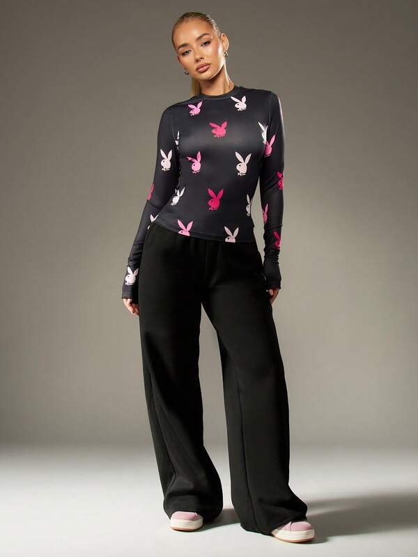 Missguided Missguided X Playboy MISSGUIDED Long Sleeve Fitted Top With Bunny Print
