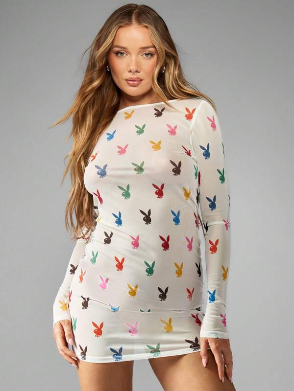 Missguided Missguided X Playboy MISSGUIDED Long Sleeve Mini Dress With Iconic Bunny Graphic Print And Mesh Detail