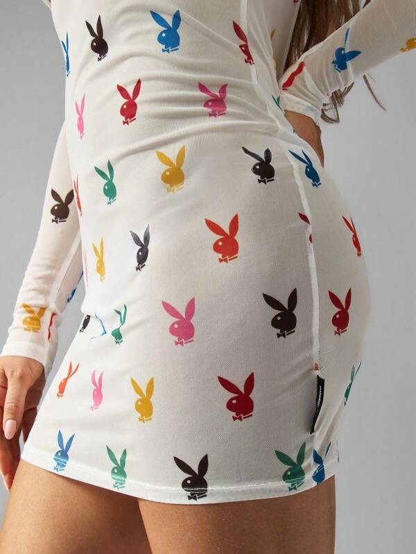 Missguided Missguided X Playboy MISSGUIDED Long Sleeve Mini Dress With Iconic Bunny Graphic Print And Mesh Detail