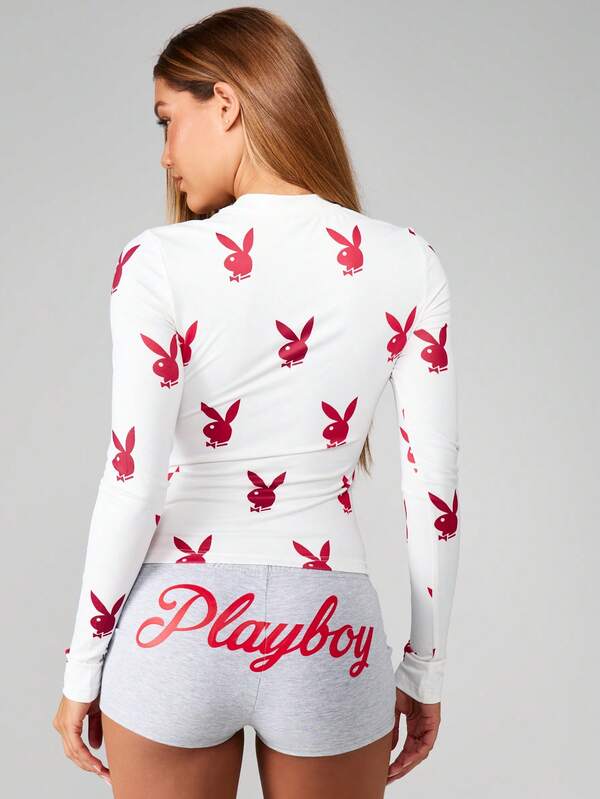Missguided Missguided X Playboy MISSGUIDED Long Sleeve Mock Neck Top With Bunny Print