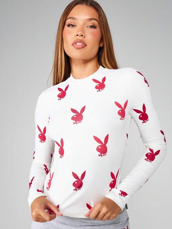 Missguided Missguided X Playboy MISSGUIDED Long Sleeve Mock Neck Top With Bunny Print