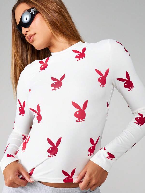 missguided Missguided x Playboy MISSGUIDED Long Sleeve Mock Neck Top With Bunny Print