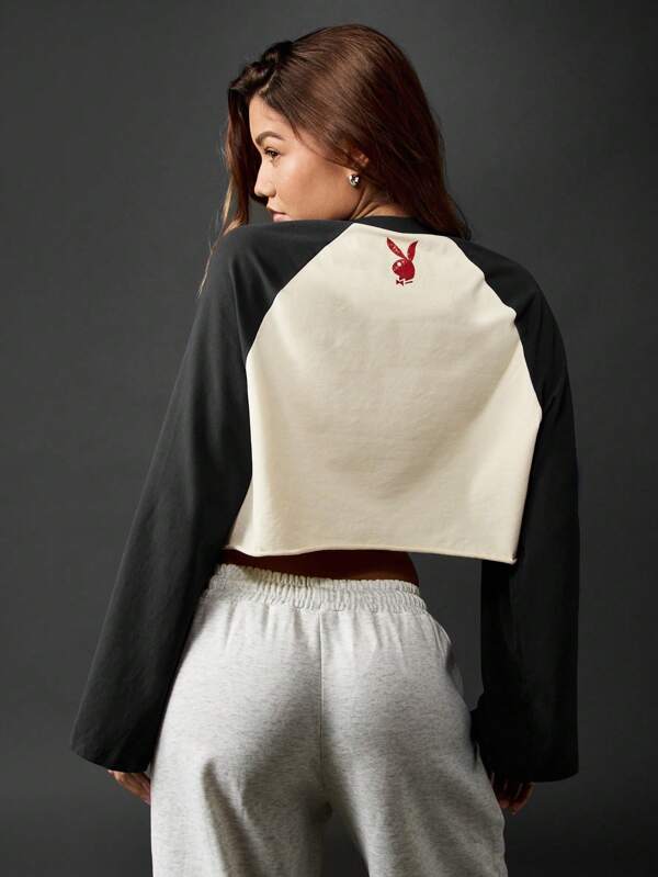 Missguided Missguided X Playboy MISSGUIDED Long Sleeve Raglan Crop Top With Number Design