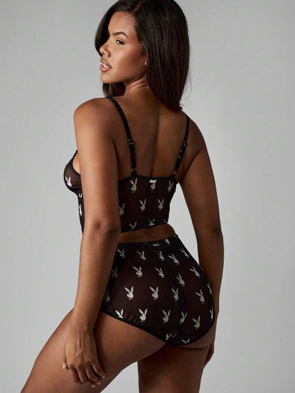 Missguided Missguided X Playboy MISSGUIDED Mesh Bra And Panty Set With Bunny Print