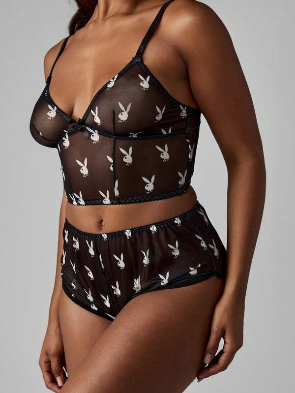 Missguided Missguided X Playboy MISSGUIDED Mesh Bra And Panty Set With Bunny Print