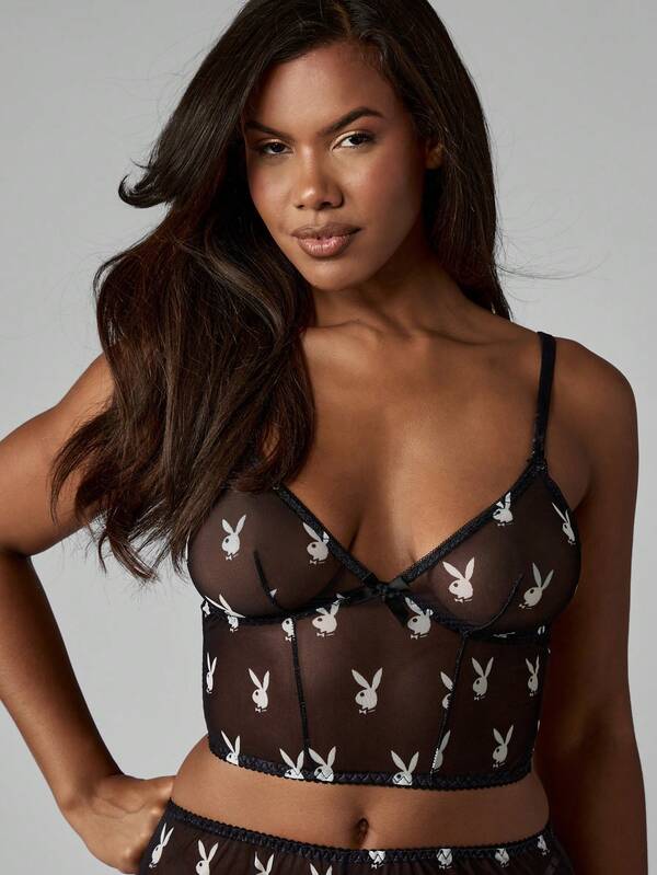 Missguided Missguided X Playboy MISSGUIDED Mesh Bra And Panty Set With Bunny Print