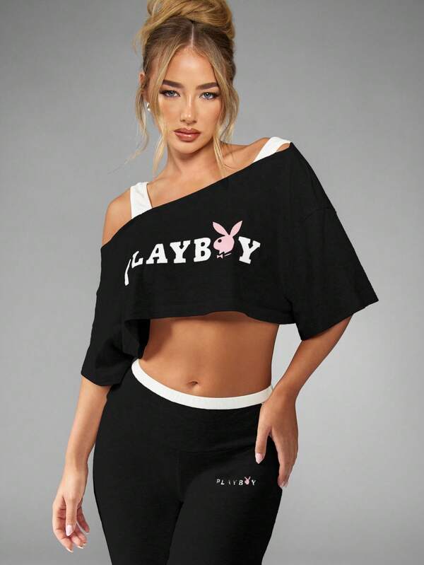 Missguided Missguided X Playboy MISSGUIDED Off Shoulder Crop Top And Flared Pants Co Ord
