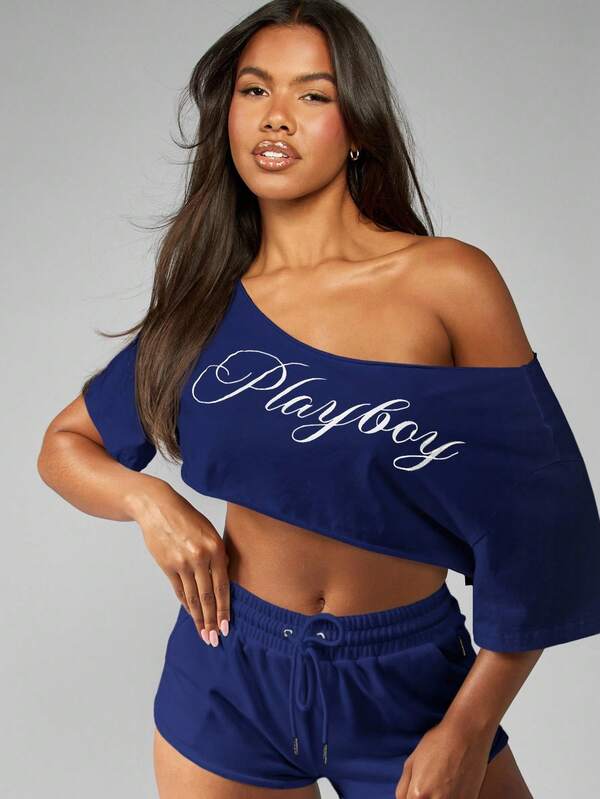 Missguided Missguided X Playboy MISSGUIDED Off Shoulder Crop Top With Short Sleeves