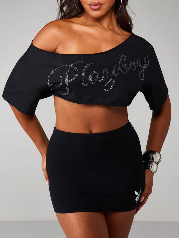 Missguided Missguided X Playboy MISSGUIDED Off Shoulder Cropped Top With Diamante Script