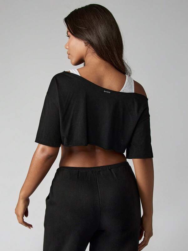 Missguided Missguided X Playboy MISSGUIDED Off Shoulder Cropped Top With Leopard Letter Print