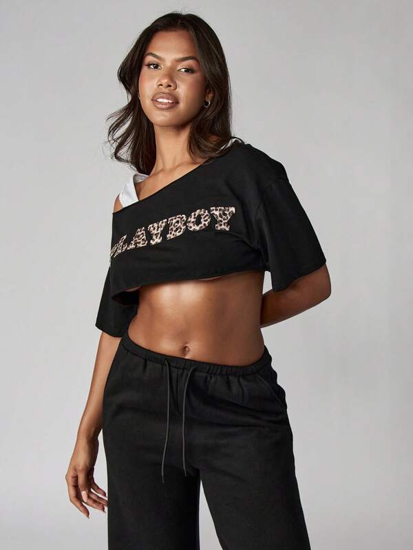 Missguided Missguided X Playboy MISSGUIDED Off Shoulder Cropped Top With Leopard Letter Print