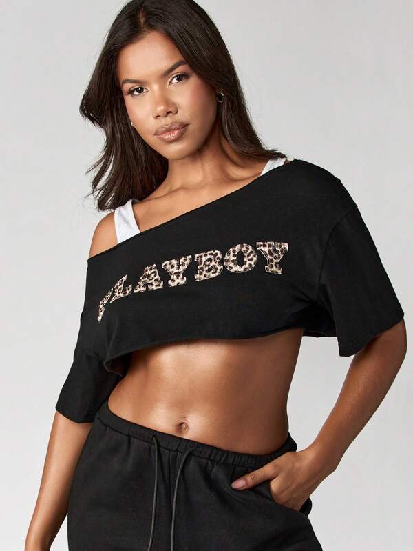 missguided Missguided x Playboy MISSGUIDED Off Shoulder Cropped Top With Leopard Letter Print