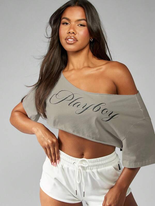 Missguided Missguided X Playboy MISSGUIDED Off Shoulder Cropped Top With Script Design