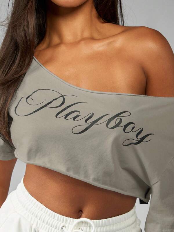 missguided Missguided x Playboy MISSGUIDED Off Shoulder Cropped Top With Script Design