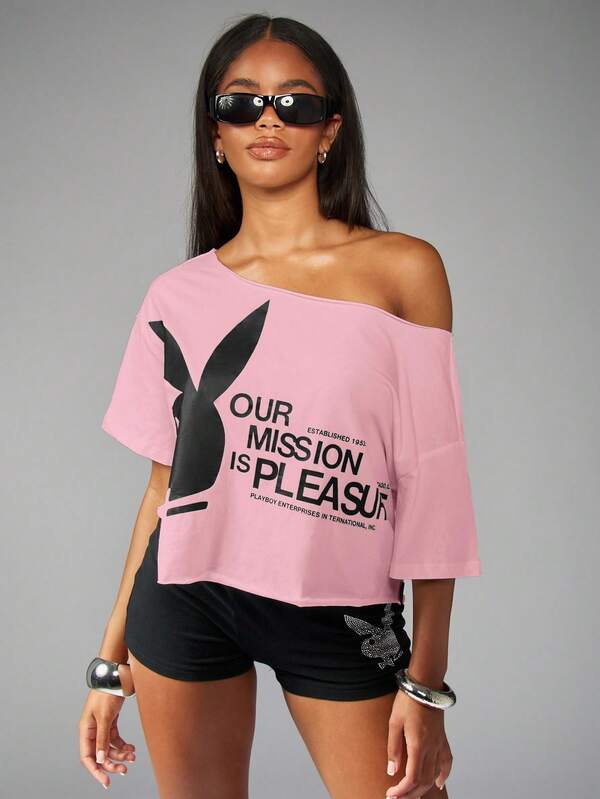 Missguided Missguided X Playboy MISSGUIDED Off Shoulder Cropped Tee With Bunny Print