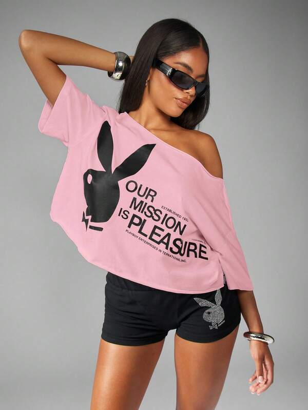 missguided Missguided x Playboy MISSGUIDED Off Shoulder Cropped Tee With Bunny Print