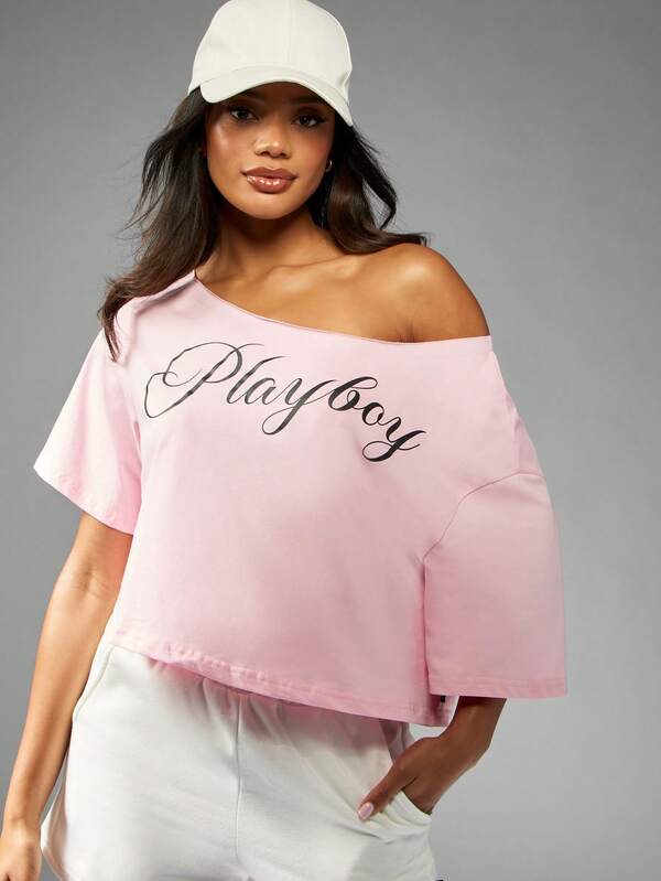 Missguided Missguided X Playboy MISSGUIDED Off Shoulder Cropped Top With Relaxed Casual Fit