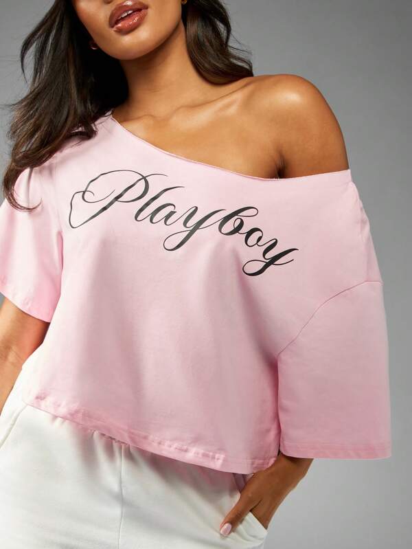 missguided Missguided x Playboy MISSGUIDED Off Shoulder Cropped Top With Relaxed Casual Fit