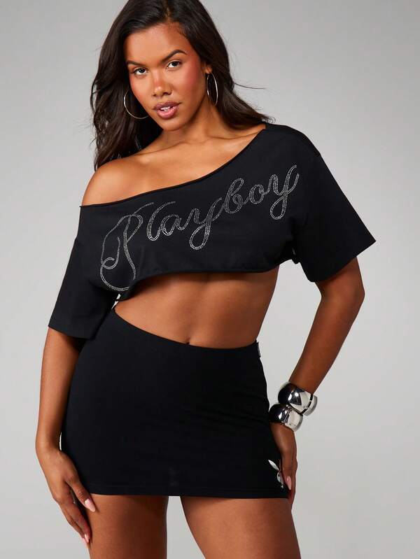 missguided Missguided x Playboy MISSGUIDED Off Shoulder Cropped Top With Diamante Script
