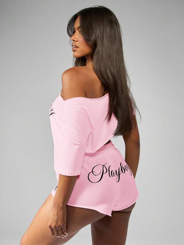Missguided Missguided X Playboy MISSGUIDED Off Shoulder Half Sleeve Crop Top With Script Logo