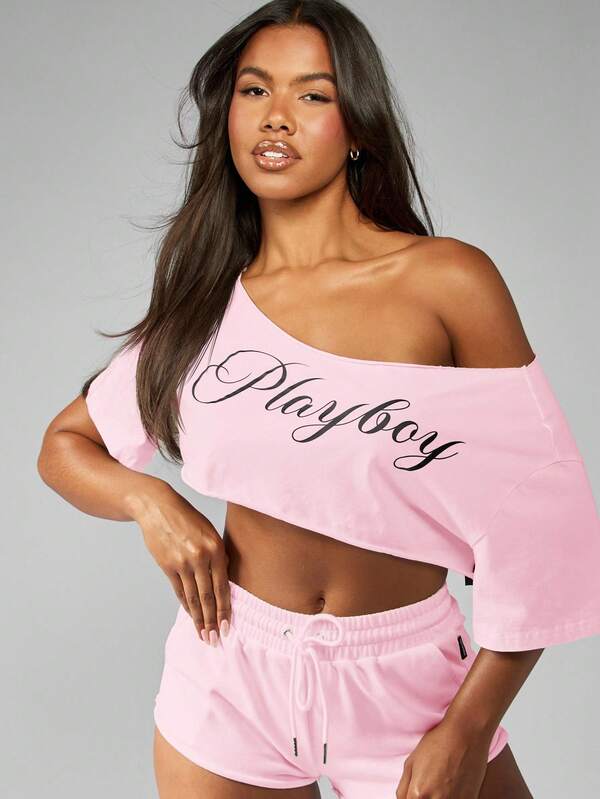 Missguided Missguided X Playboy MISSGUIDED Off Shoulder Half Sleeve Crop Top With Script Logo