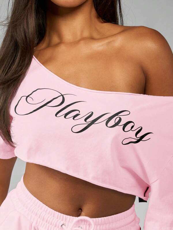 missguided Missguided x Playboy MISSGUIDED Off Shoulder Half Sleeve Crop Top With Script Logo