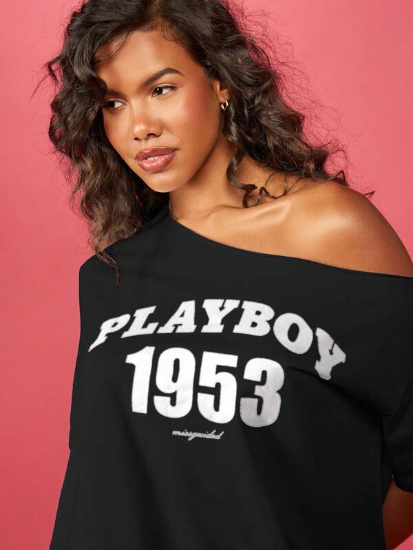 Missguided Missguided X Playboy MISSGUIDED Off Shoulder Oversized T Shirt With Retro Print