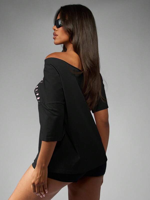 Missguided Missguided X Playboy MISSGUIDED Off Shoulder Script T Shirt With Three Quarter Sleeves