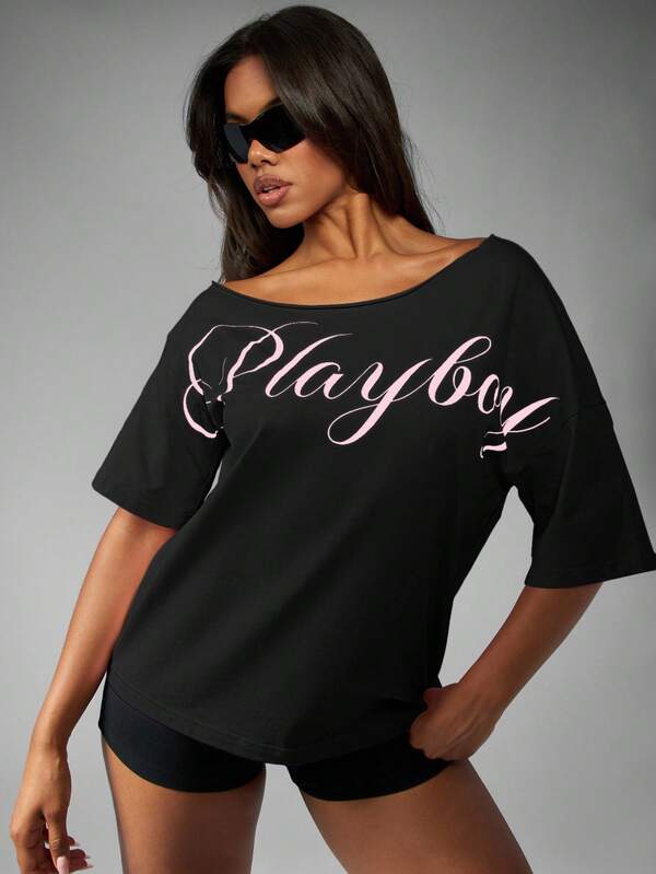 Missguided Missguided X Playboy MISSGUIDED Off Shoulder Script T Shirt With Three Quarter Sleeves