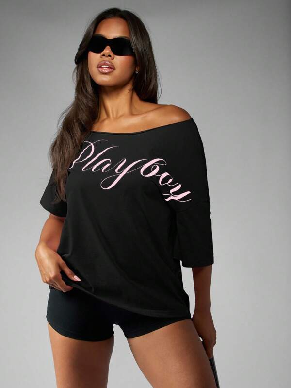 missguided Missguided x Playboy MISSGUIDED Off Shoulder Script T Shirt With Three Quarter Sleeves