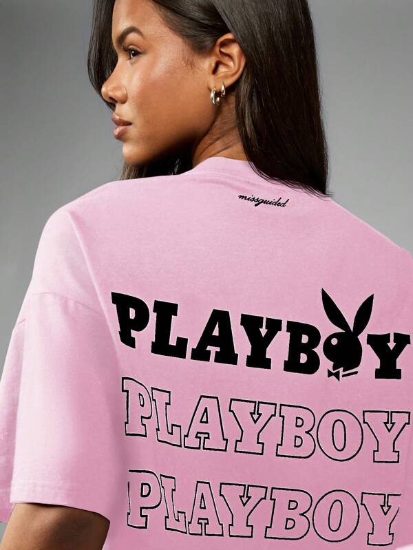 Missguided Missguided X Playboy MISSGUIDED Oversized Aesthetic Casual Graphic T Shirt Bunny Logo