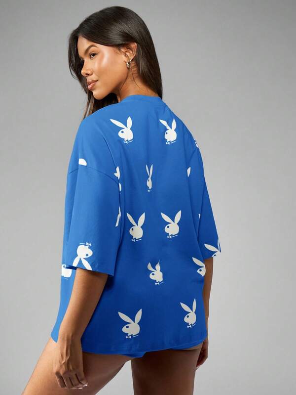 Missguided Missguided X Playboy MISSGUIDED Oversized Bunny Print Graphic T Shirt With Wide Sleeves