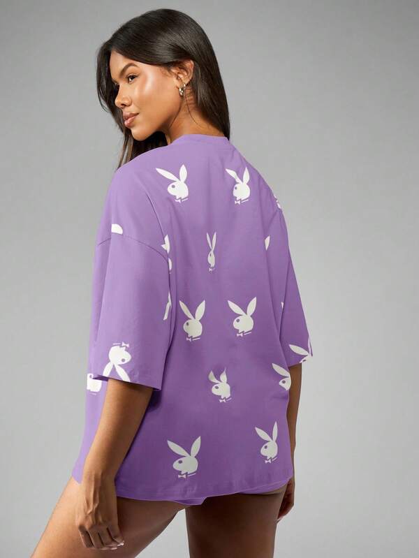 Missguided Missguided X Playboy MISSGUIDED Oversized Bunny Print T Shirt With Drop Shoulder