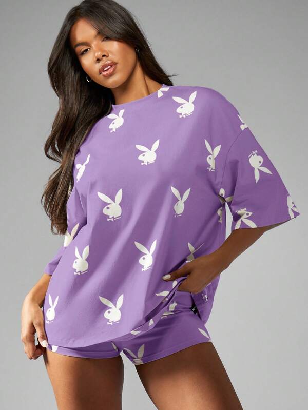 missguided Missguided x Playboy MISSGUIDED Oversized Bunny Print T Shirt With Drop Shoulder