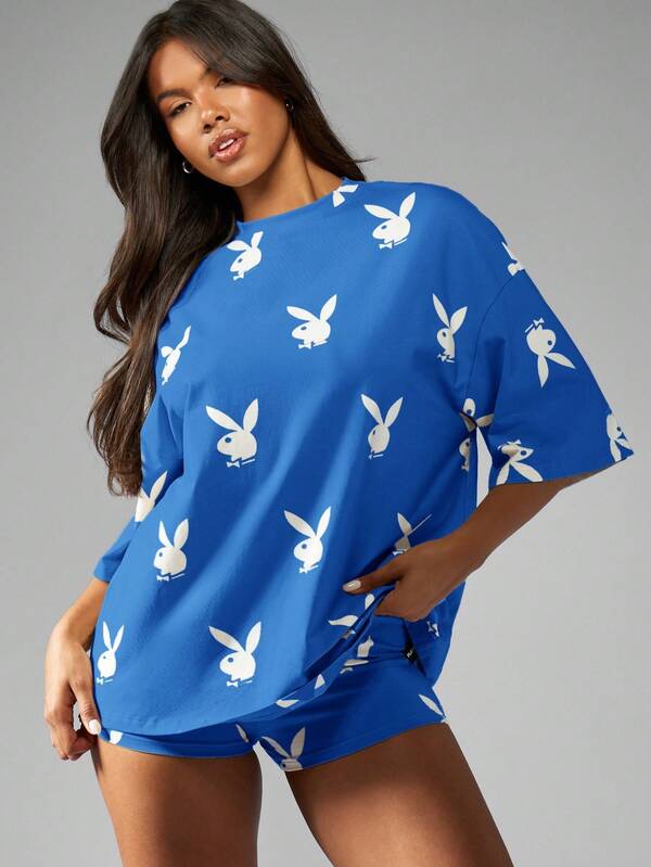 missguided Missguided x Playboy MISSGUIDED Oversized Bunny Print Graphic T Shirt With Wide Sleeves