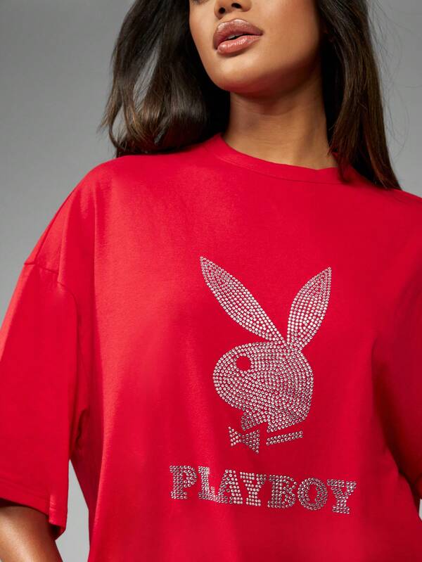 Missguided Missguided X Playboy MISSGUIDED Oversized Casual Streetwear T-Shirts With Rhinestone Logo