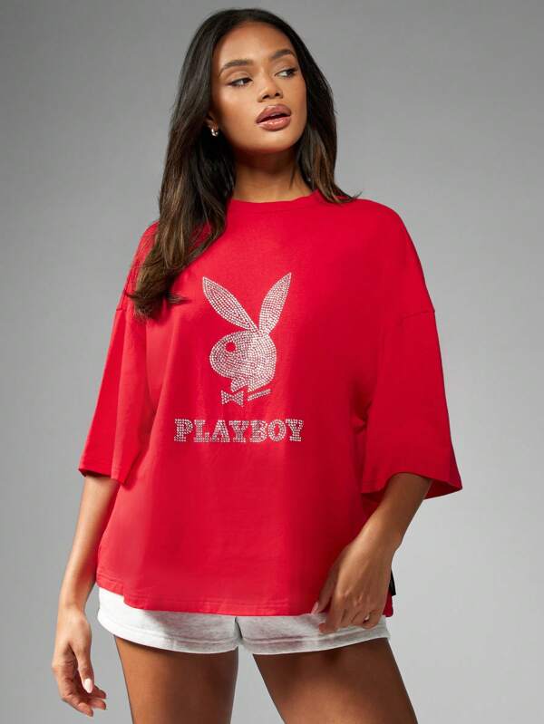 missguided Missguided x Playboy MISSGUIDED Oversized Casual Streetwear T-Shirts With Rhinestone Logo