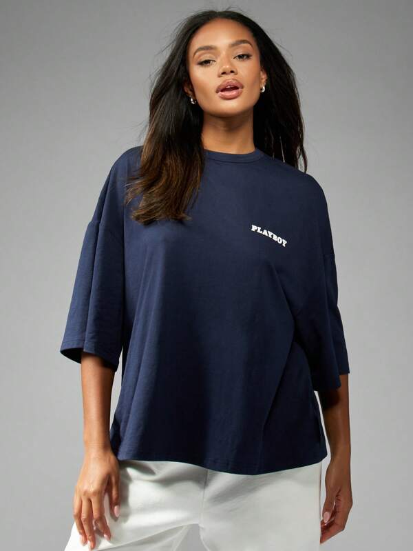 Missguided Missguided X Playboy MISSGUIDED Oversized Casual T-Shirt With Rhinestone Bunny Logo Back Print