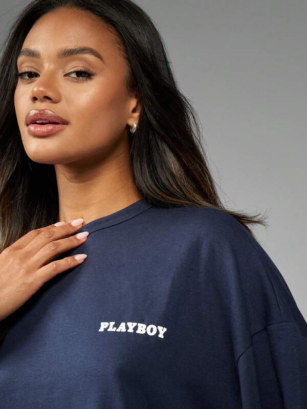 Missguided Missguided X Playboy MISSGUIDED Oversized Casual T-Shirt With Rhinestone Bunny Logo Back Print