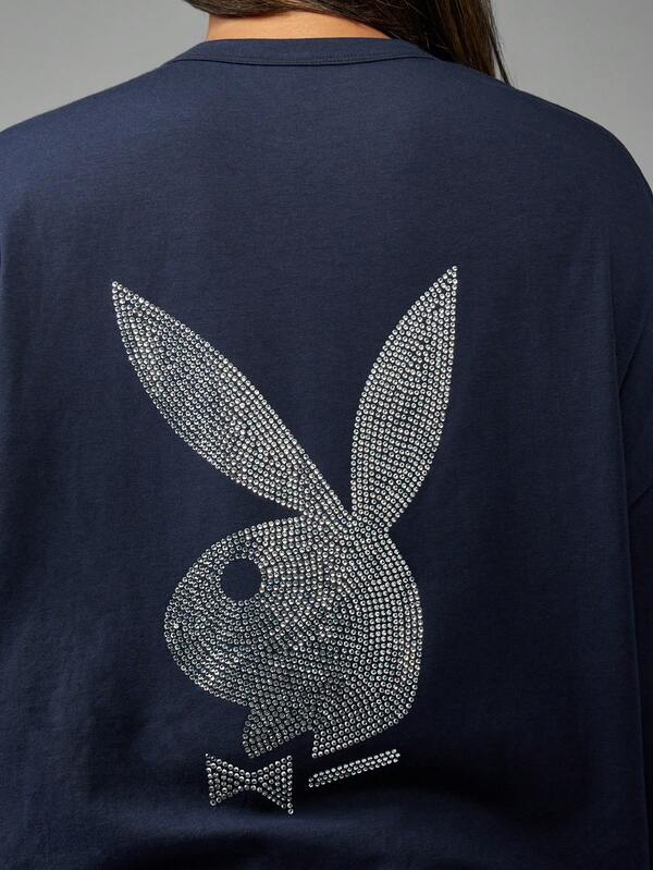 Missguided Missguided X Playboy MISSGUIDED Oversized Casual T-Shirt With Rhinestone Bunny Logo Back Print