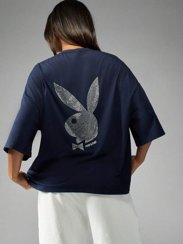 missguided Missguided x Playboy MISSGUIDED Oversized Casual T-Shirt With Rhinestone Bunny Logo Back Print