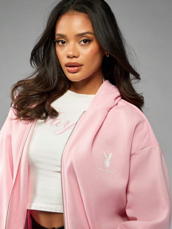 Missguided Missguided X Playboy MISSGUIDED Oversized Comfortable Casual Zip Up Hooded Sweatshirt