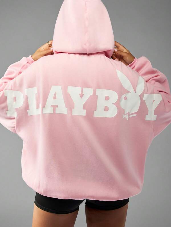 missguided Missguided x Playboy MISSGUIDED Oversized Comfortable Casual Zip Up Hooded Sweatshirt