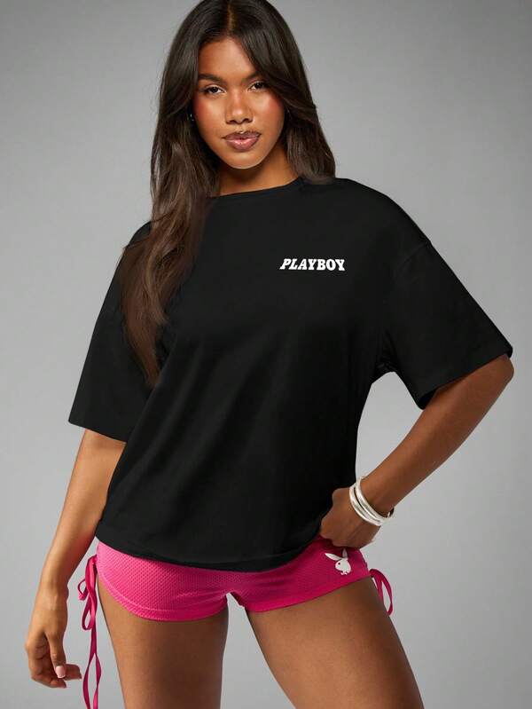 Missguided Missguided X Playboy MISSGUIDED Oversized Cotton T Shirt With Rainbow Bunny Print